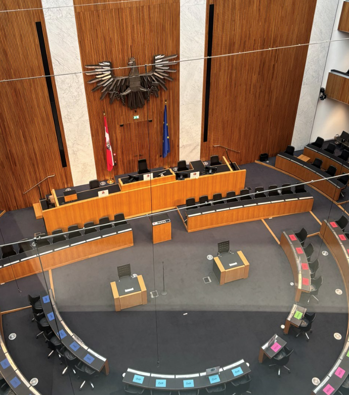 Inside the Austrian Parliament in Vienna on 26 October for a free guided tour – all the parties’ seats
